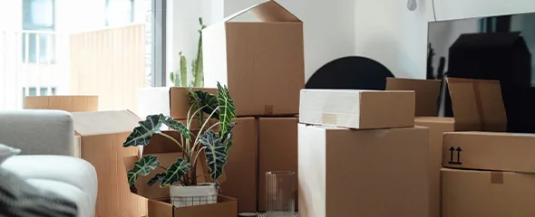 Boxes stacked for a move with Waltershausen Moving, a moving and storage company in South Bend.